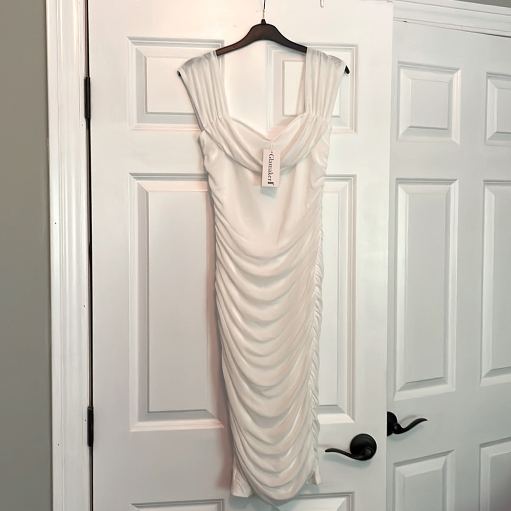 NWT White Ruched Chiffon Midi Dress Size S